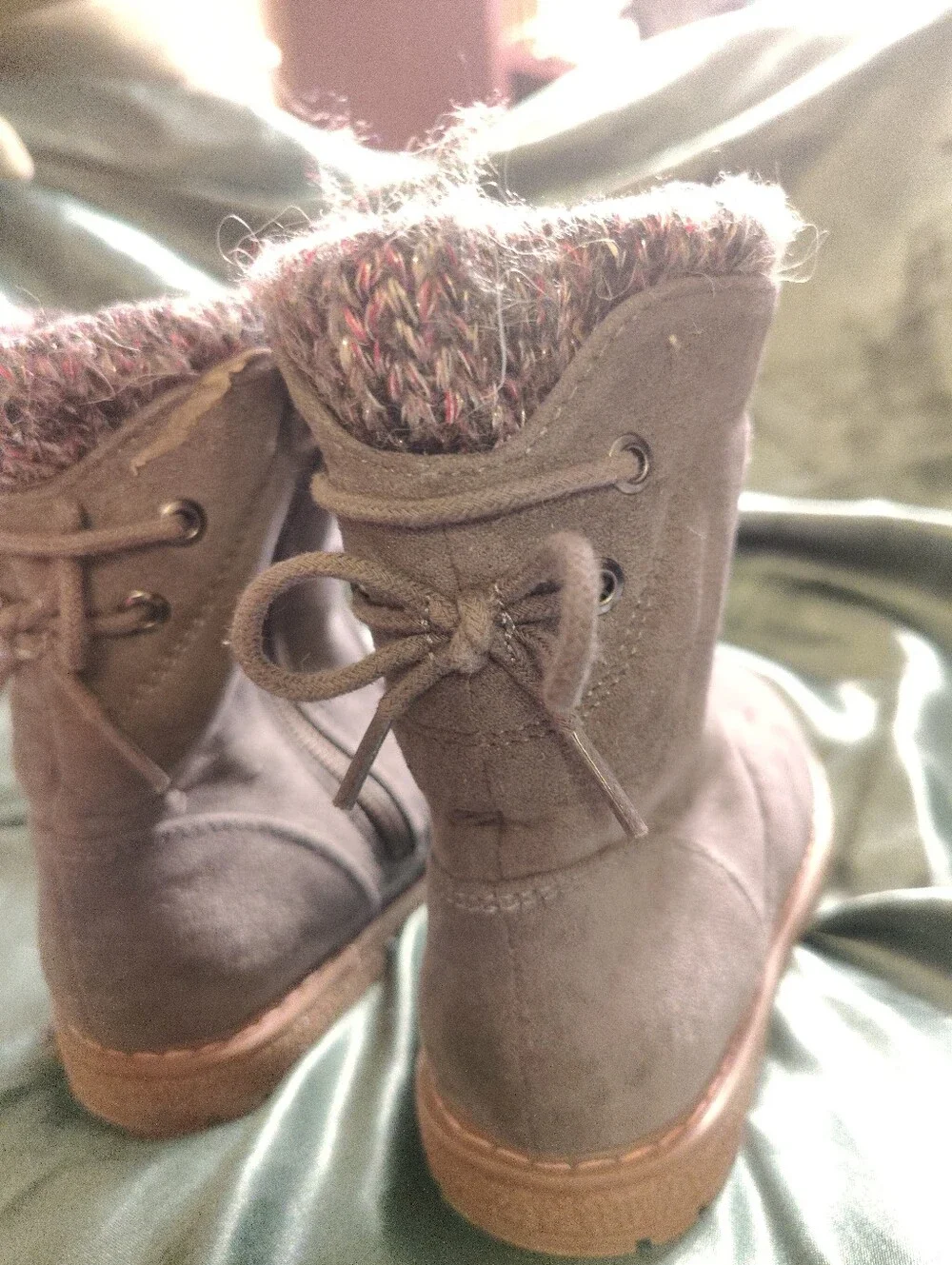 Target Girls Size 10 Grey Faux Suede Side Zip Winter Boots Sweater Cuff Back Tie